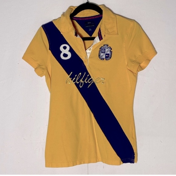 Vintage Y2K Tommy Hilfiger Slim Fit Yellow Purple Polo Shirt M - Picture 1 of 8